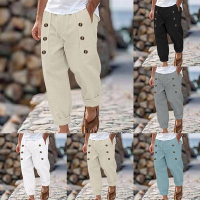 Heren Casual Katoen Linnen Multi Knoop Losse Broek Mode Hawaï Strand Broek Comfortabele Mode
