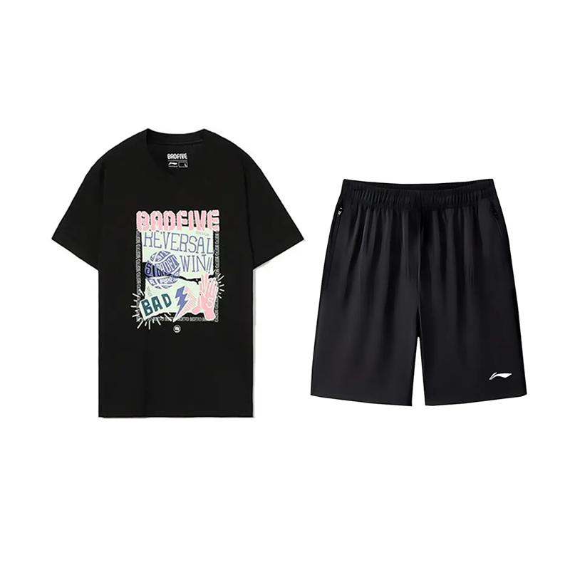 

Li-Ning Basketball Theme Printed Fashion Versatile Round Neck Pullover Short Sleeve T-Shirt Casual Sports Suit Unisex Tops AHSU979-1+AKSV843-1 L