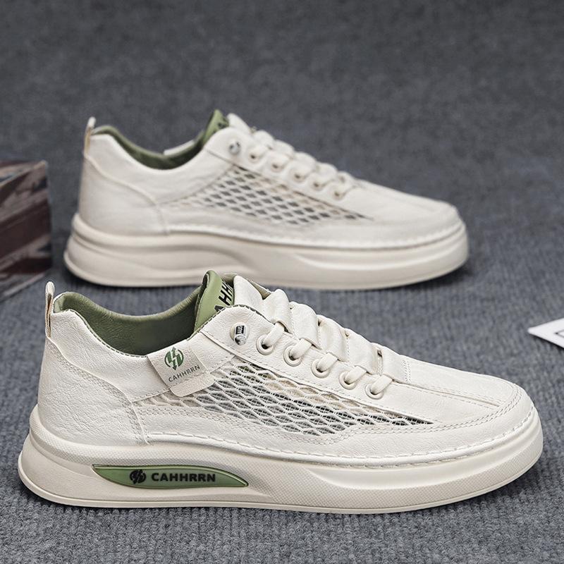 Men's shoes 2025 summer new mesh breathable hollow leather board shoes student youth casual shoes sports trendy shoes