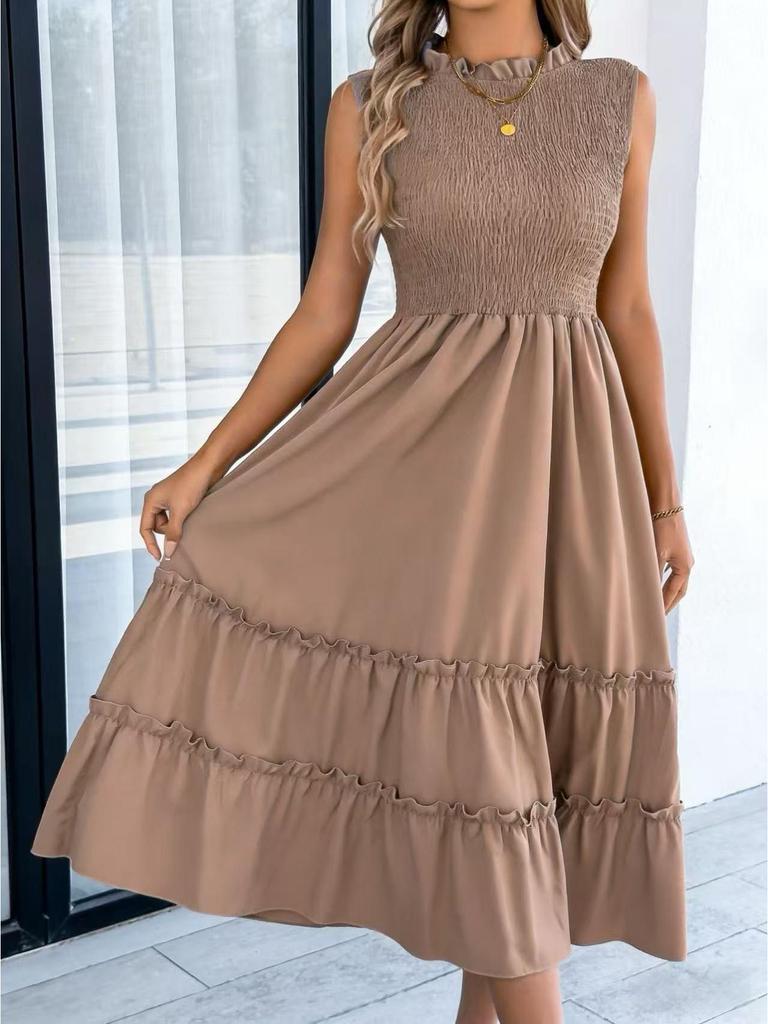 2026 Spring/Summer Sleeveless Smocked Waist Ruffle Hem Maxi Dress - Women's Casual European and American Style