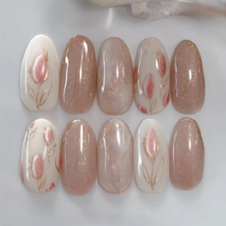 

Almond French Tips Fake Nail Glues On Nail Glitters Stick On Nail Flower Press On Nail Artificial False Nail for Women 1