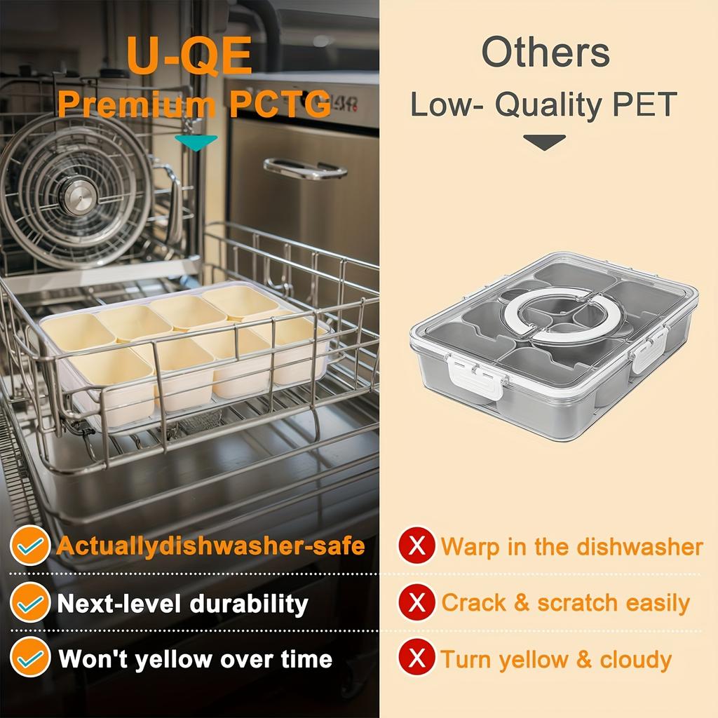 Portable Sectioned Snack Tray. Four-sided Snap-lock with a Sealed Lid. Suitable for Refrigerator and Kitchen Food Storage and Organization