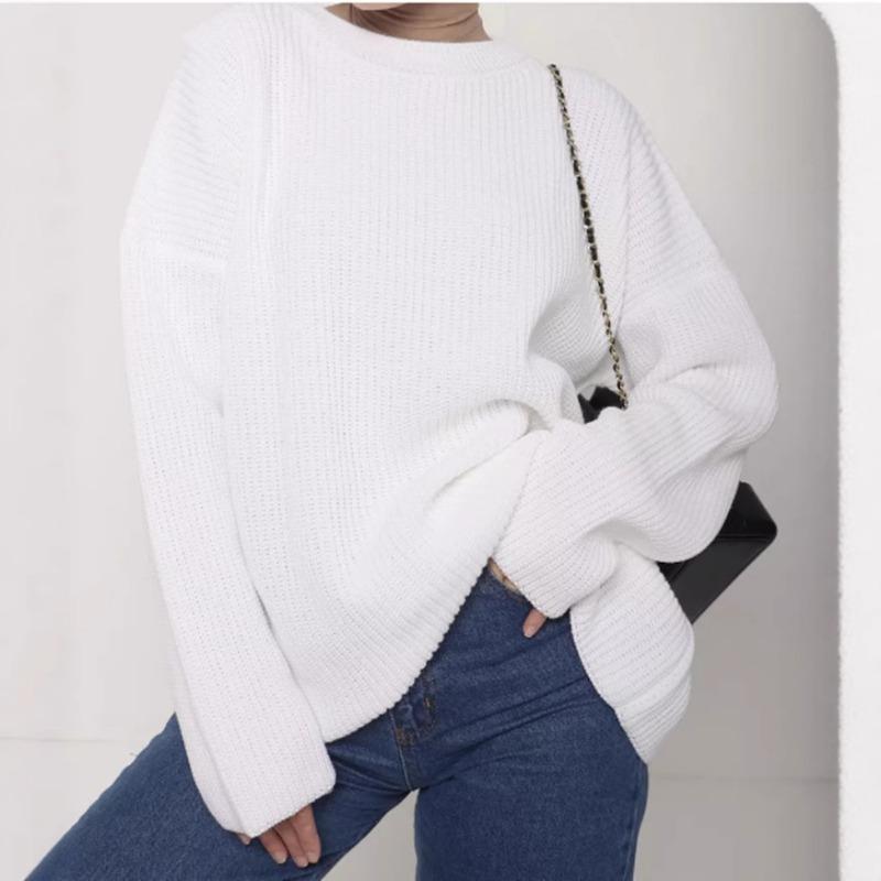 Solid color crew neck sweater spring and autumn loose knitted sweater top women pullover sweater women