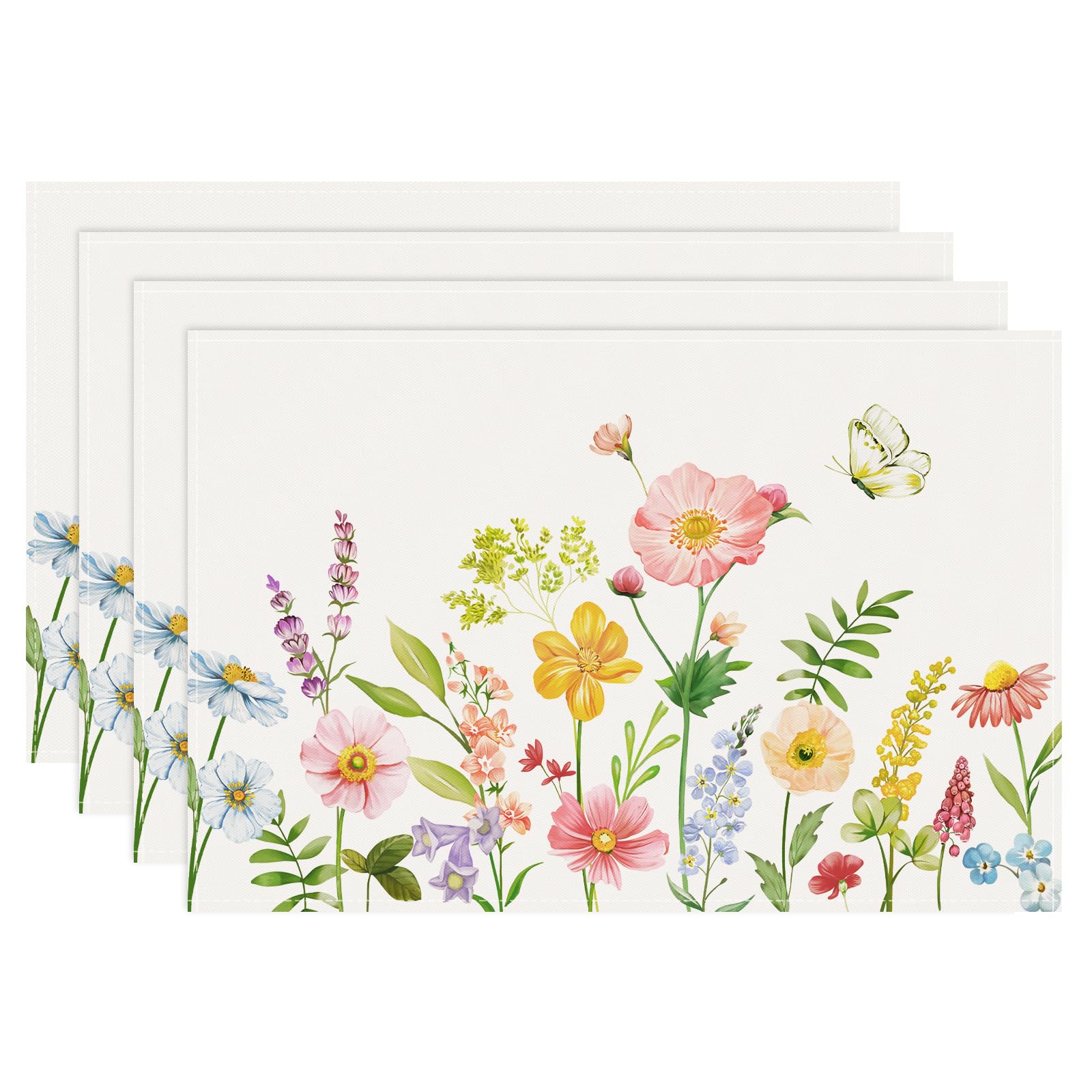 

Spring Floral Placemats Set of 4, 12x18 Inch Watercolor Flower Butterfly Seasonal Kitchen Dining Table Mats Washable Place Mats 4Pcs