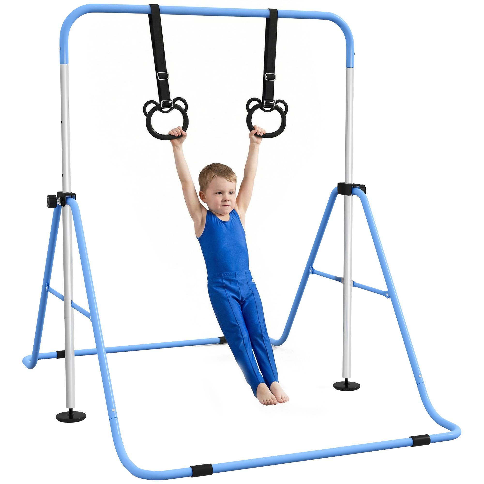 Bară de gimnastică reglabilă pe înălțime pentru copii cu 2 inele, Oțel, 148x105x88-128 cm, Albastru