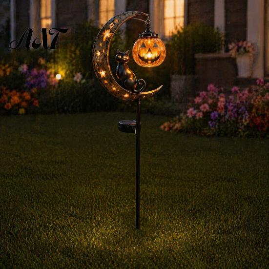 Jack-o-lantern Solar Lights Halloween Garden Stake Light, Soft Warm Jack-o-Lantern, Moon Cat Amber Silhouette Outdoor Pathway Decor, Waterproof Metal