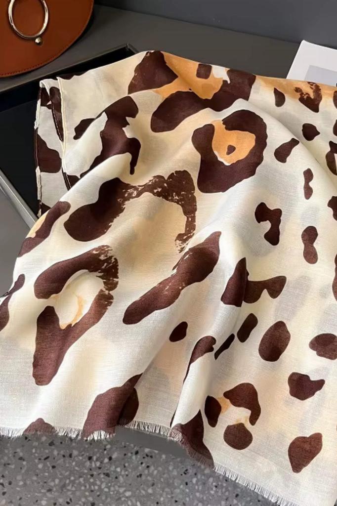Beige Scarf with Chocolate and Caramel Spots Pattern - Cotton and Viscose, 180x90