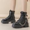Women Punk Ankle Boots Platform Buckle Design Motorcycle Boots Lace Up Block Heel Shoes Chain Decoration Casual Outdoor Shoes 40