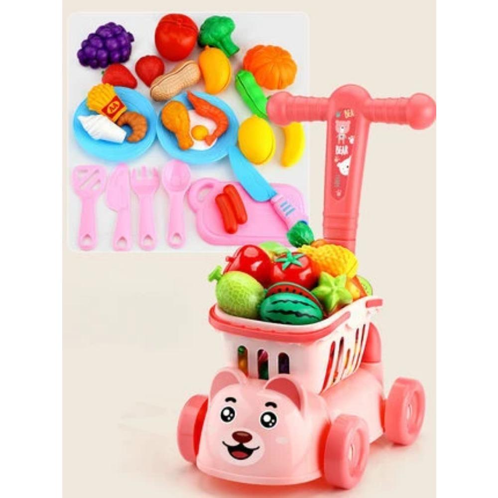 Kids Shopping Cart Trolley Play Set with Food Fruit Vegetables Accessories Play House Educational Toy Simulation Gifts for Girls