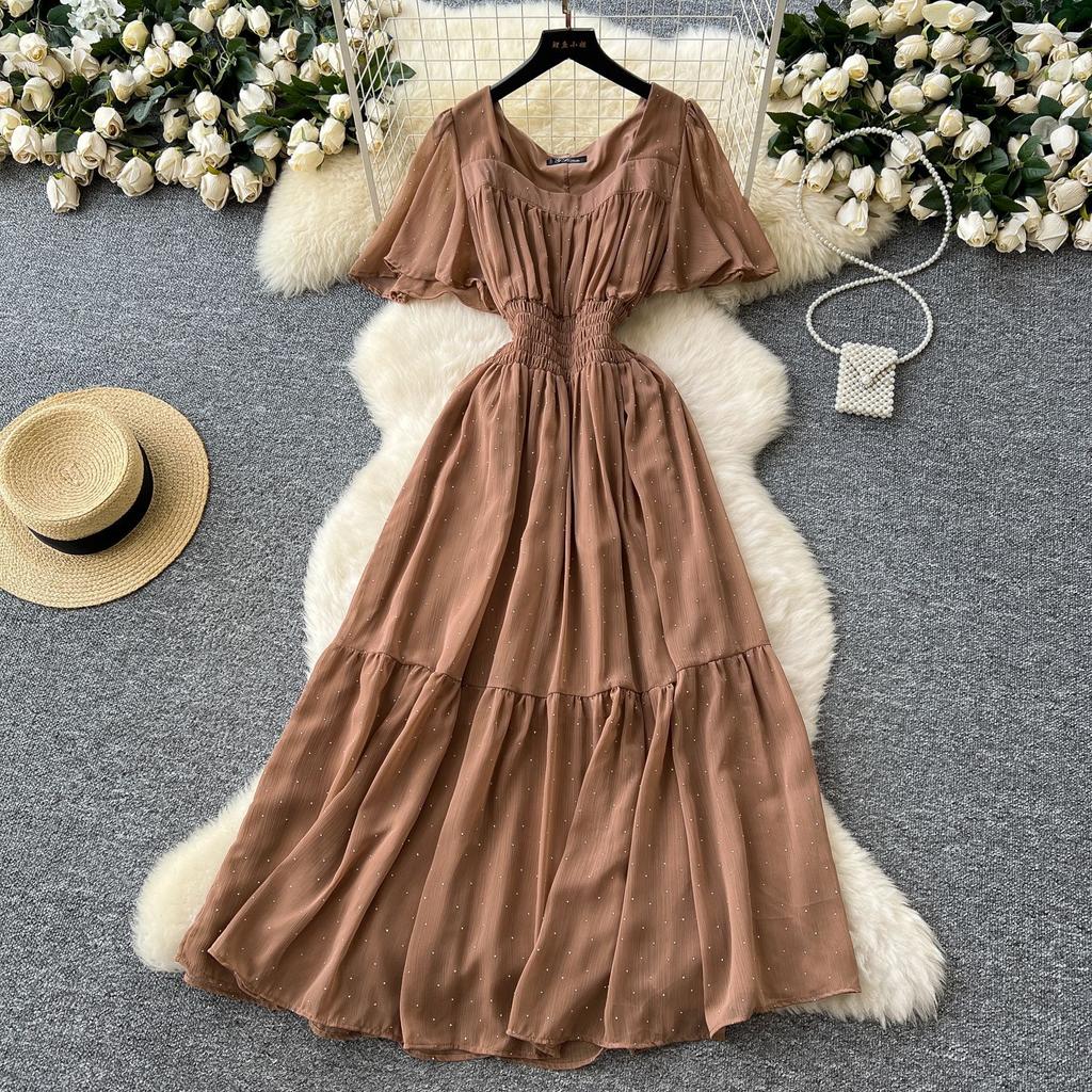 French retro square neck small flying sleeves waist hot diamond chiffon dress women's summer thin temperament drape long skirt