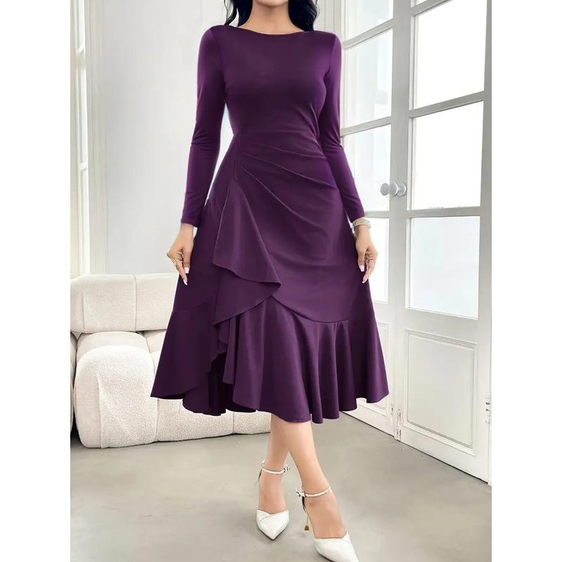 Women s Solid Long Sleeve Round Neck Ruffle Hem Midi Dress S фиолетовый