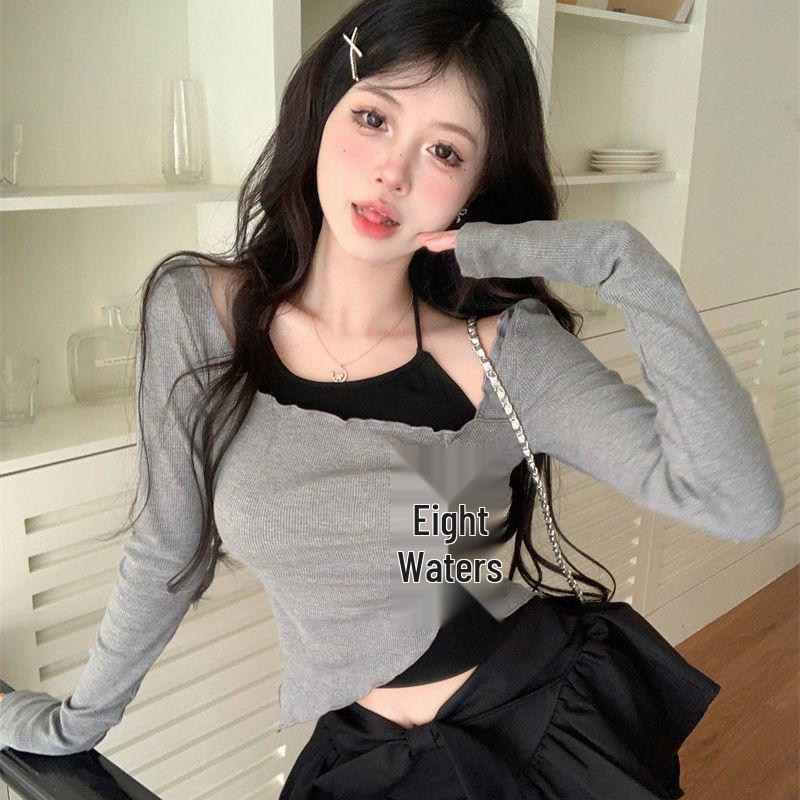 

Elegant Gray Irregular Ballet Style Top - Sexy Spring/Autumn Design with High-End Feel M (90-100 jin)