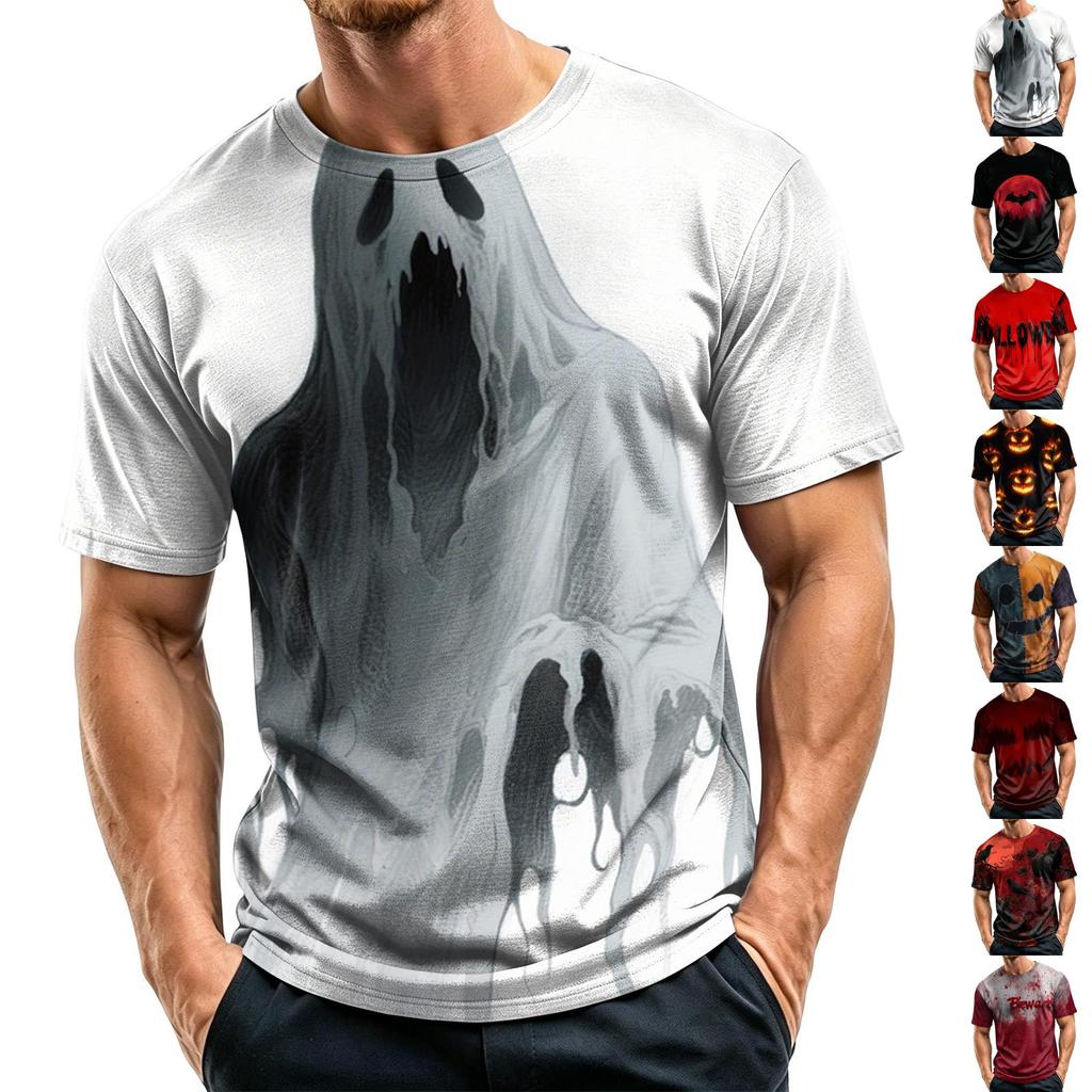 Men Casual Crew Neck Lightweight Breathable Short Sleeve Top with Halloween Themed Printed Graphic for Daily Wear