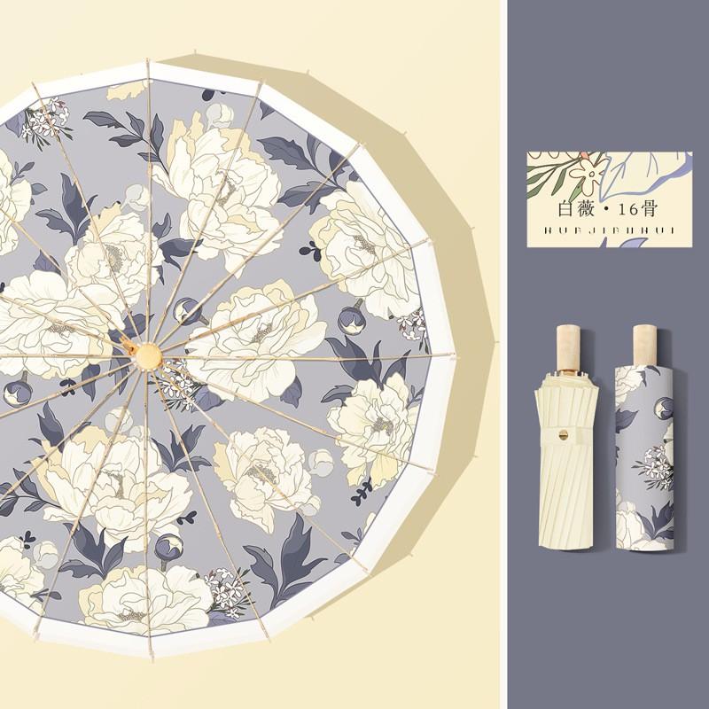 16-Rib Automatic Folding Umbrella Women - UPF 50 Sun Rain Protection Lightweight Aluminum Shaft New Chinese Style Print