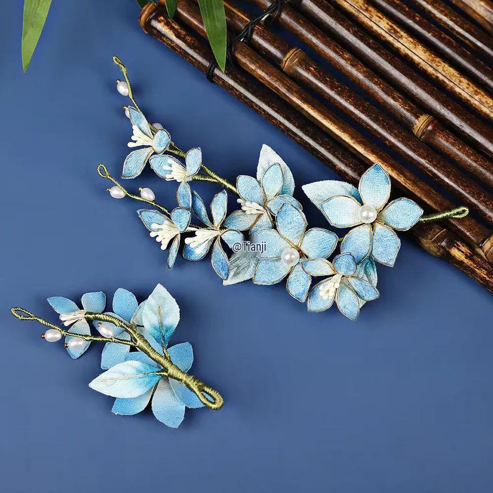 Original New Style Blue Hanfu Headdress: Ancient Classical Flower Hairpin Accessories