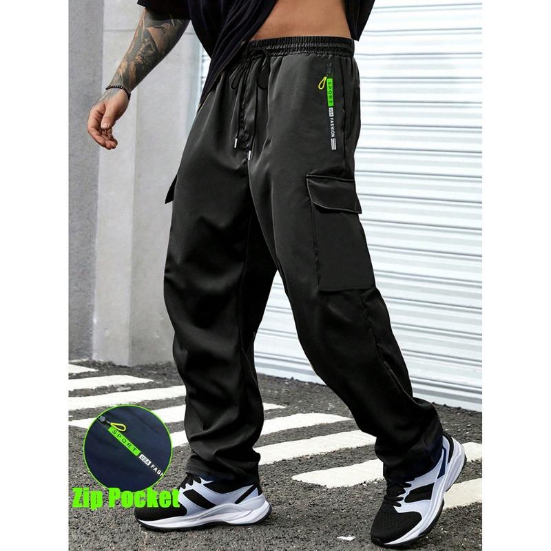 

Spring Autumn Men s Cargo Pants Zip Pocket Elastic Waist Drawstring Casual Sports Trousers S чорний