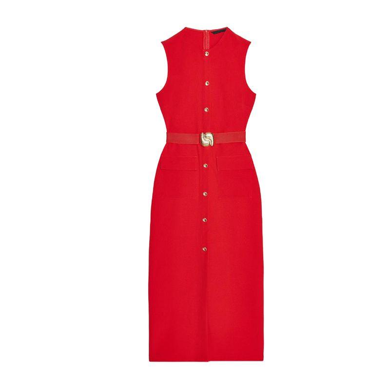 Summer New Product Women's Clothes Decorated Row Button with Belt Crepe Sleeveless round Neck Midi Skirt Dress 3897054