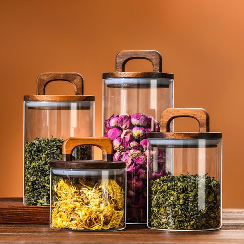 Holzdeckel Glasbehälter Luftdichter Behälter Lebensmittelbehälter Tee Kaffee Bohnen Küchenaufbewahrungsflaschen Glas Versiegelt Gemahlen Süßigkeitenglas