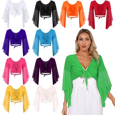 Women 3/4 Tulle Flared Sleeve Crop Top Dancewear Lace-up Indian Belly Dance Costume Tops