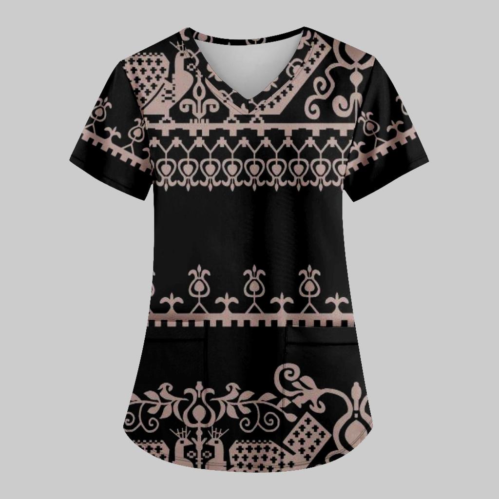 Women's Fashion Printed Work Uniform With Pocket T-Shirt Short Sleeve Top
