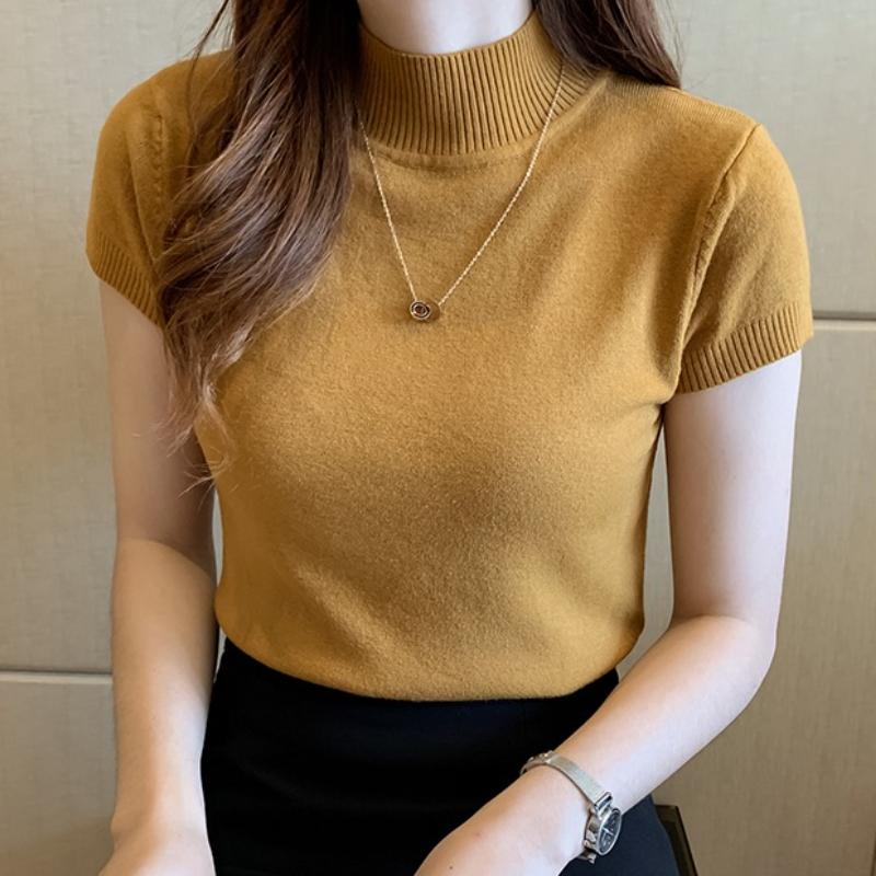 Halbhohes T-Shirt Damenmode Pullover Lässige Oberteile Koreanischer Stil Elegante Unifarbene Kleidung Frühjahrs- und Sommersaison
