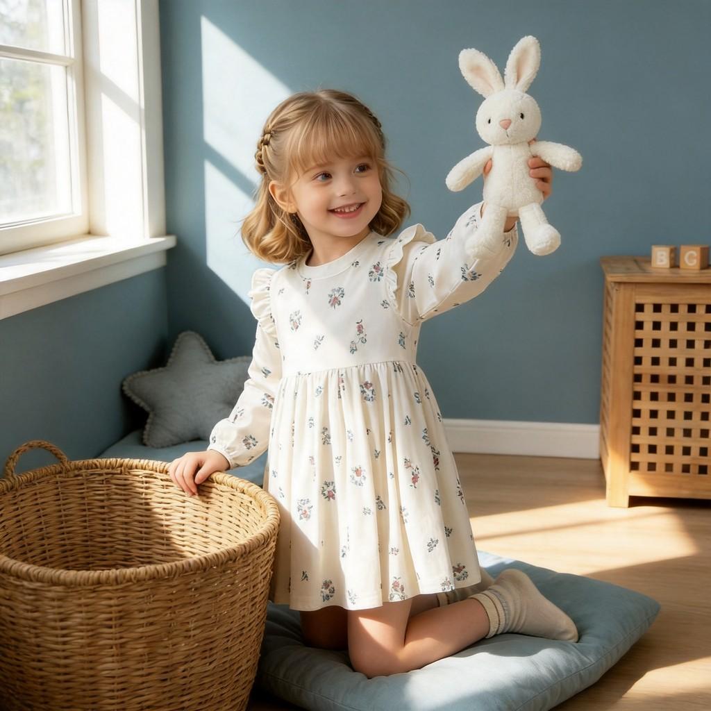Girls Long Sleeve Cotton Princess Dress For Winter And Fall With Cartoon Animal Pattern