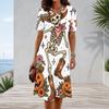 Women Plus Size Round Neck Short Sleeve A Line Dress Cute Cartoon Raccoon Pumpkin Printed