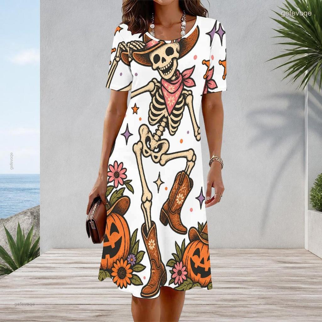 Women Plus Size Round Neck Short Sleeve A Line Dress Cute Cartoon Raccoon Pumpkin Printed