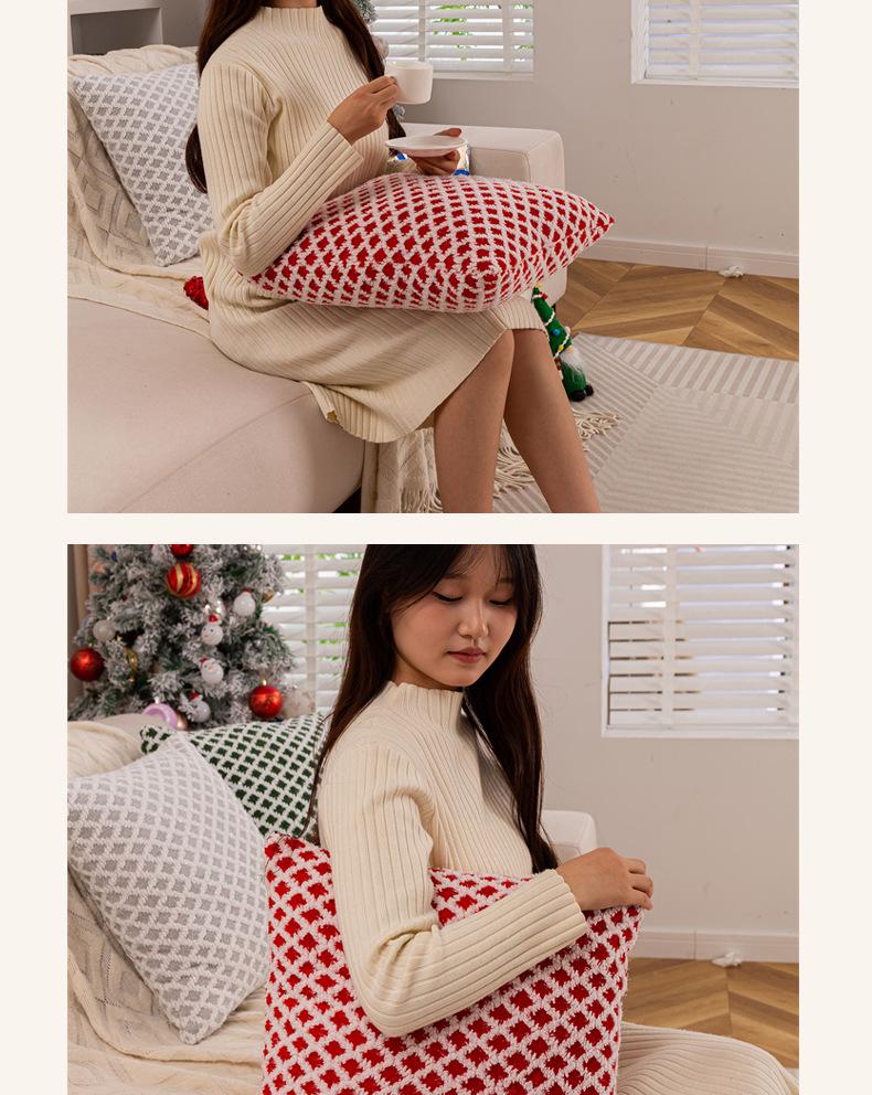 Diamond Check Jacquard Plush Christmas Pillowcase - Decorative Cushion Cover for Living Room, Bedroom, Sofa