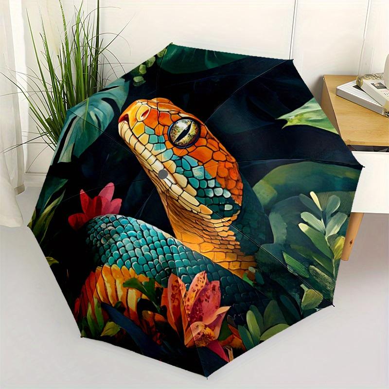 1pc Snake Jungle Automatic Open/close Folding Compact Umbrella, 8-Rib Sturdy Canopy, Lightweight Portable, Everyday Use, Gift, Outdoor Umbrella, Trave