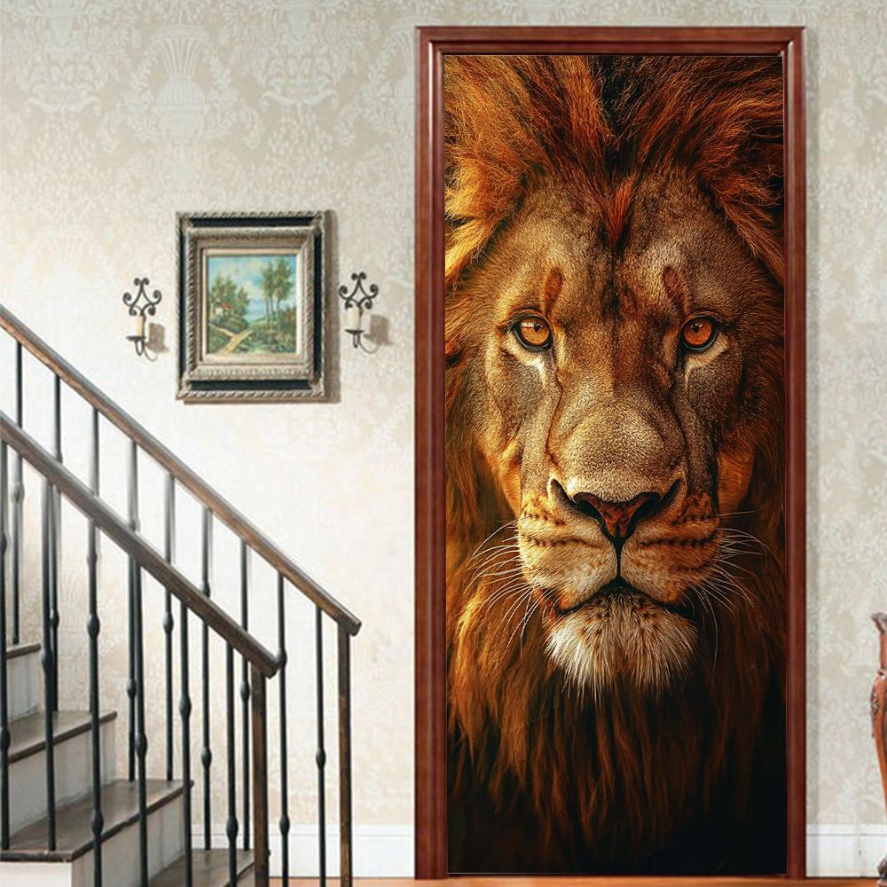 Pegatinas para puerta con diseño de león, realistas, despegables y pegables, para niños, decoración estética para sala de estar.