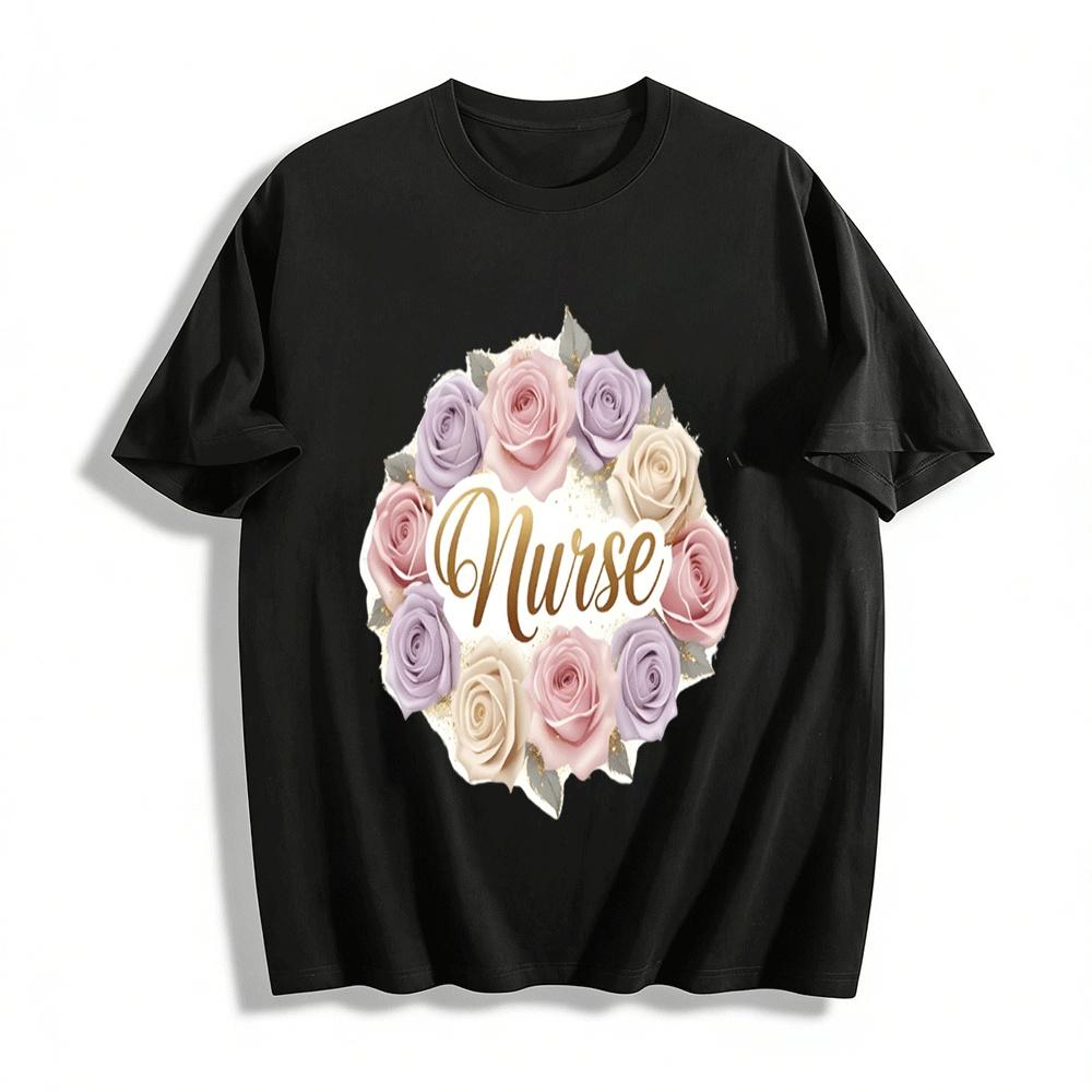 

Floral Nurse Graphic Tee Pink Purple Rose Print Nursing Top Pure cotton T-shirt XXS