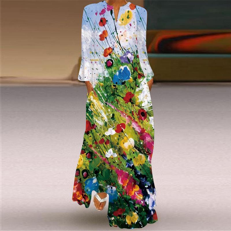 Damen Maxikleid mit floraler Stickerei und Taschen Böhmisches Sommerkleid