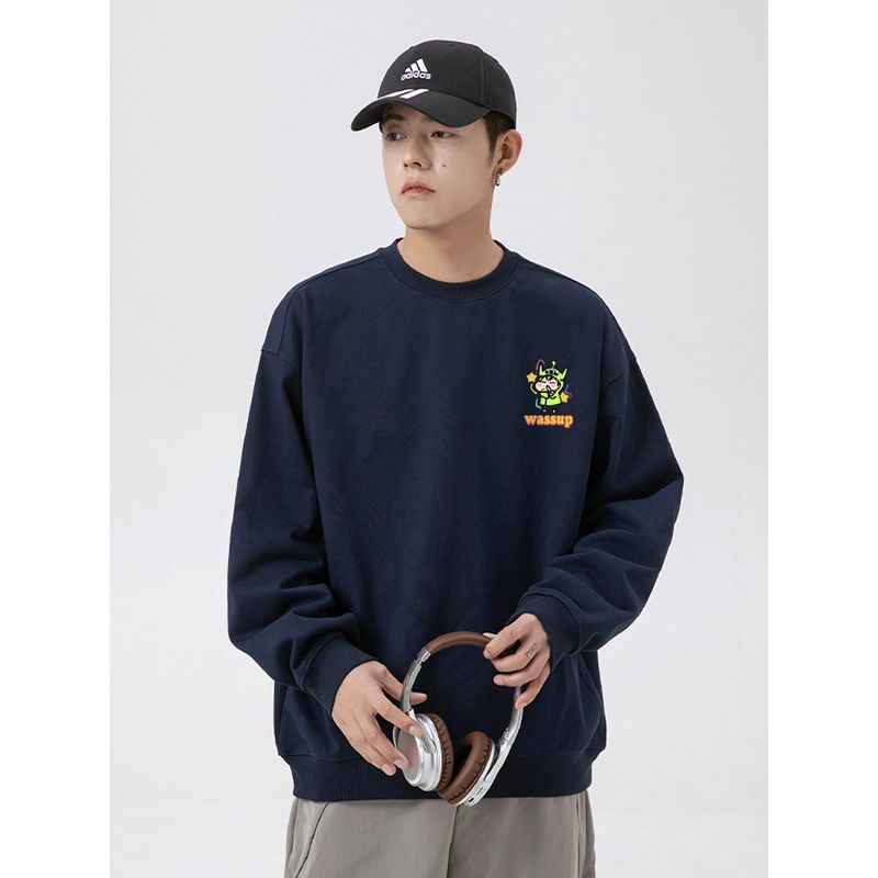 Wassup Trendy Brand Heavyweight Cartoon Shin-Chan Crewneck Sweatshirt for Men, New Autumn and Winter Fleece-Lined Loose Pullover Top