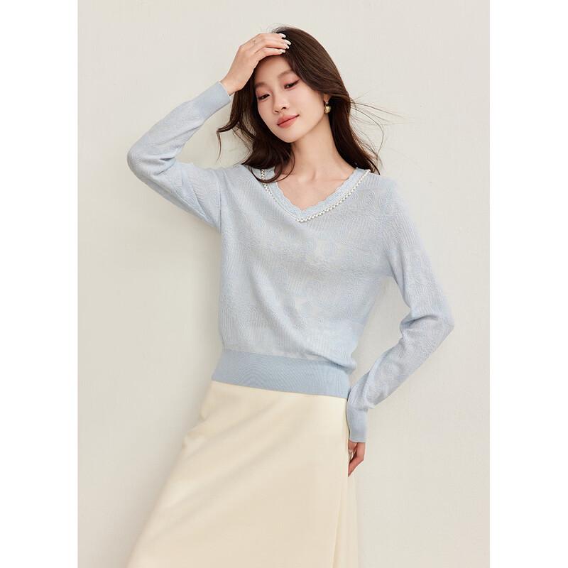 Elegant Beaded Jacquard V-Neck Wool Blend Knit Sweater