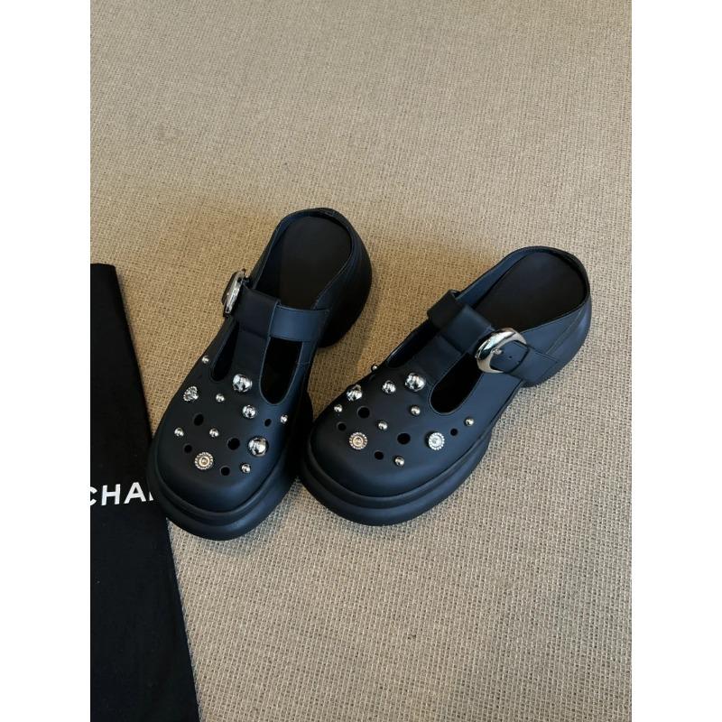 

Версия из коровьей кожи~ Кожаные туфли на толстой подошве с отверстиями для увеличения роста, Новые универсальные повседневные полушлепанцы с мелким вырезом, женские туфли с закрытым носком 40