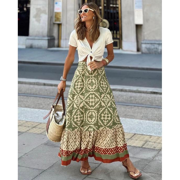 New Half Length Skirt Summer Edition Printed Loose Splicing Large Swing Skirt For Women