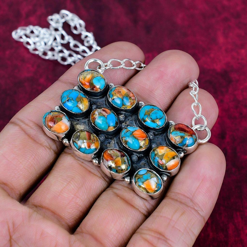 Orange Copper Turquoise Handmade Latest Design Jewelry Necklace, 925 Solid Sterling Silver Gemstone Necklace, Gift For Mother