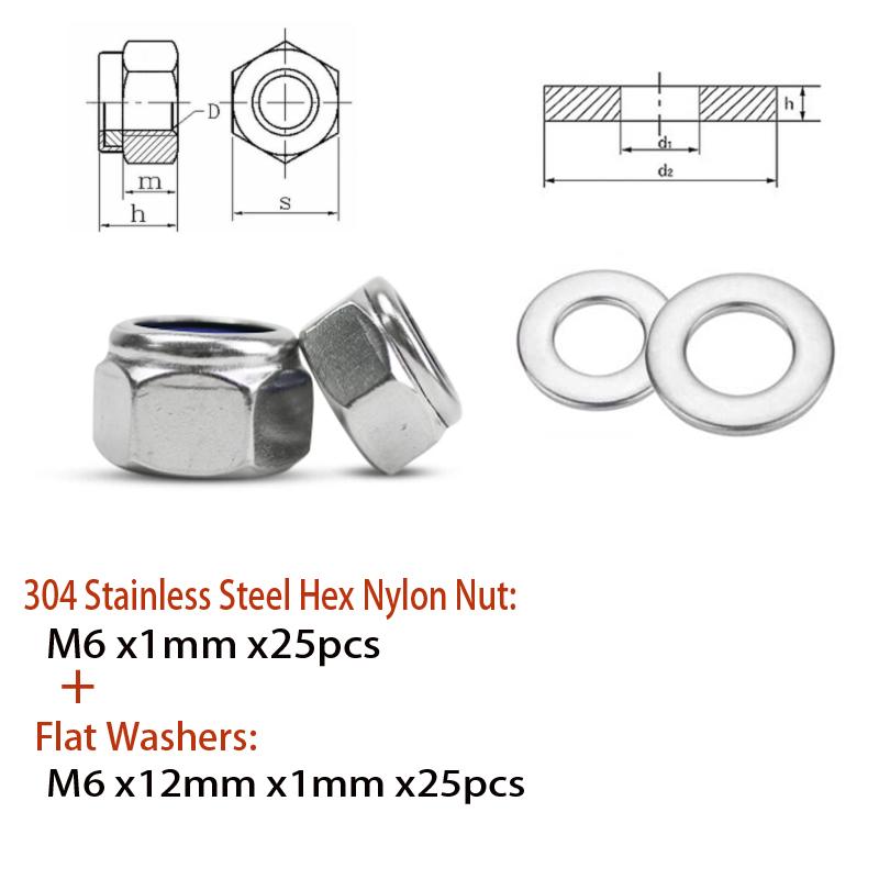 5-25pcs M2-M4 304 Stainless Steel Hex Nylon Insert Lock Nut Self-locking Locknut Locknut Whit M2-M4 Flat Washers