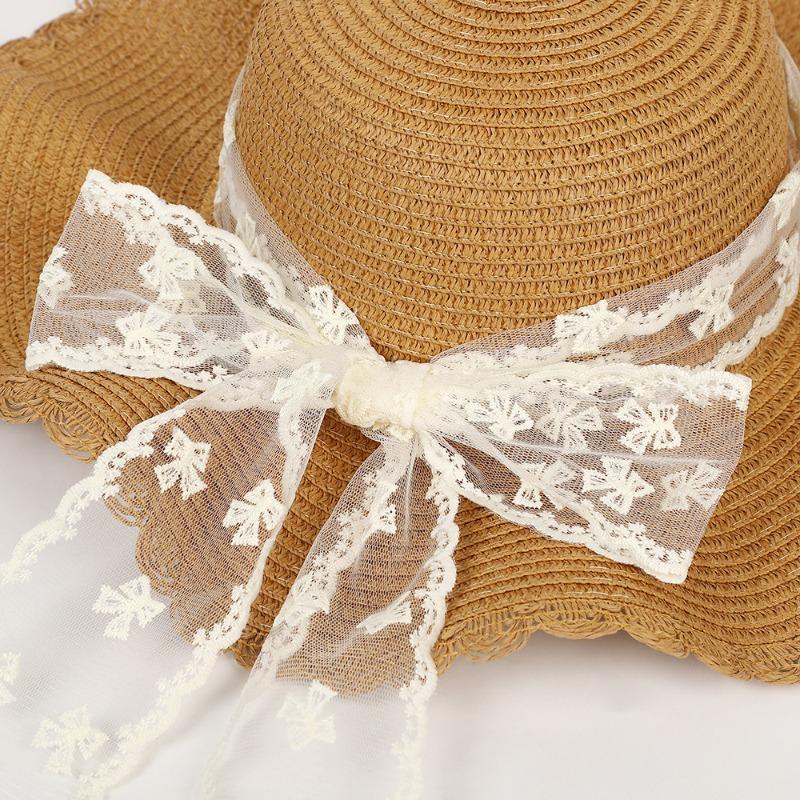 New sweet bow lace straw hat summer sunscreen sunshade outdoor big brim sun hat fashion lace streamer