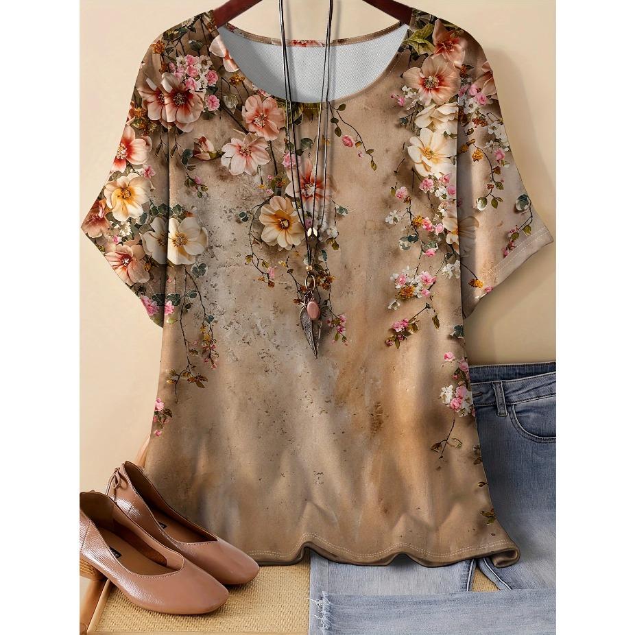 

Мягкая футболка с цветочным принтом и вырезом-лодочкой - Повседневный топ с коротким рукавом стандартной посадки - Трикотажный пуловер из смеси полиэстера средней эластичности для женщин 7XL