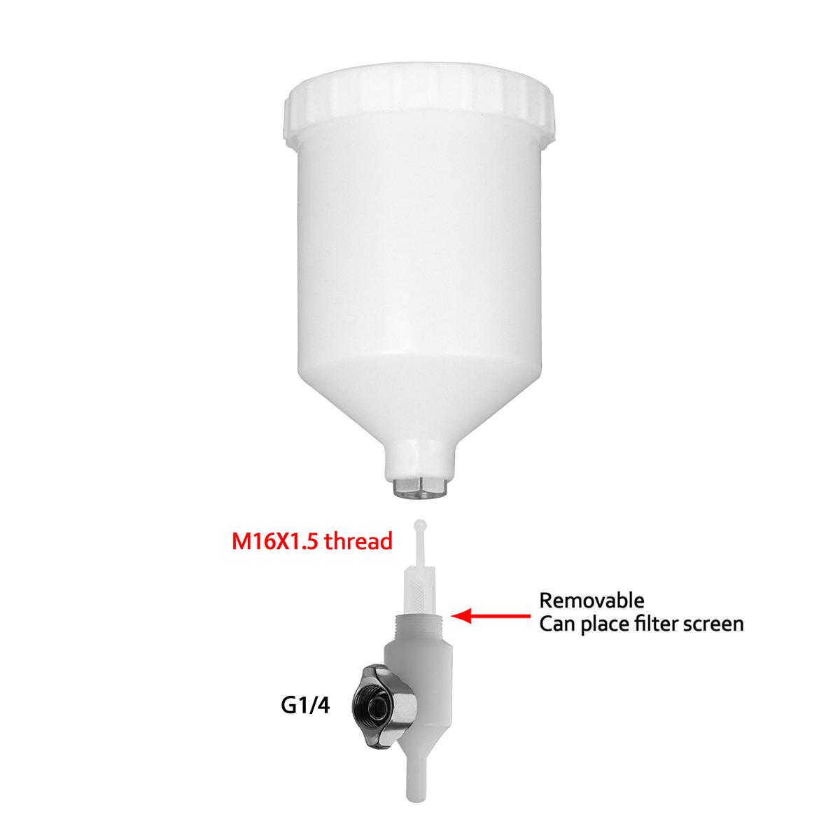 

600ml Plastic Spray Paint Cup G1/4 Thread Connector Gravity Type Feed Side Convert Pot w/ M16 Spray Gun Adapter and Filter