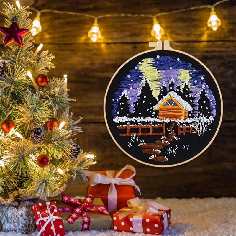 Snow Scene Embroidery Christmas Needlework Kit For Holiday Decorations For Kitchen Living Room Desktop Window Beginner Level A