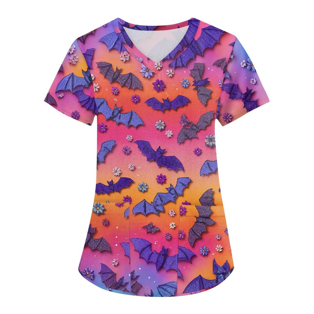 Women's Printing Uniform Work Uniform V-neck Pockets Basic Short Sleeve Pullover Top