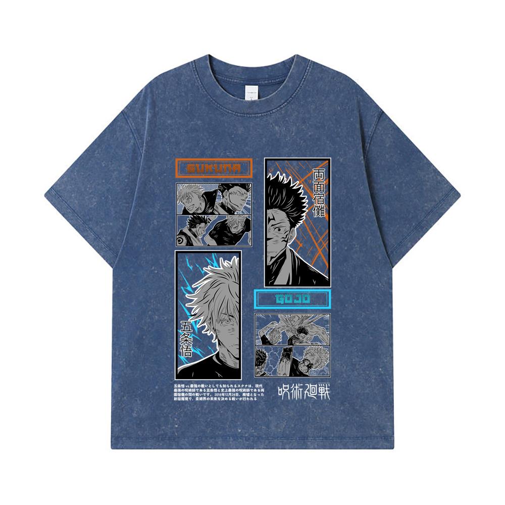 275 GSM Washed T-shirts 100% Cotton Jujutsu Kaisen V33 Gojo Sukuna Print Unisex Heavy Cotton T Shirt