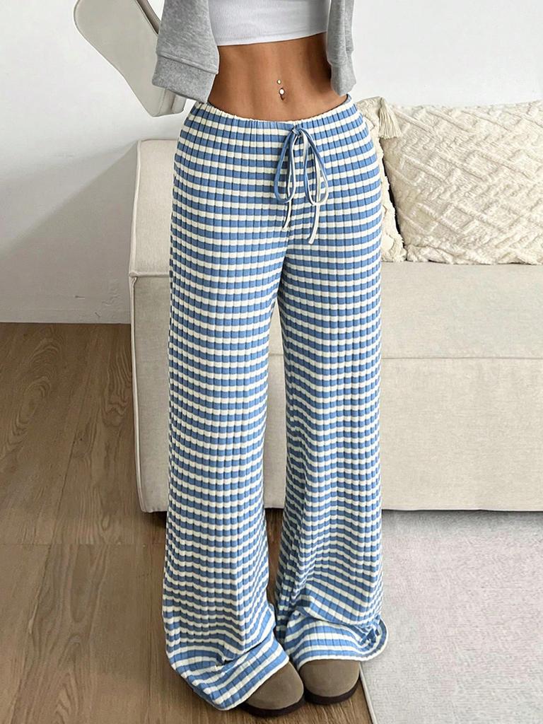 Spring/Autumn Women's Casual Striped Solid Color Elastic Waist Cotton Straight Leg Pants