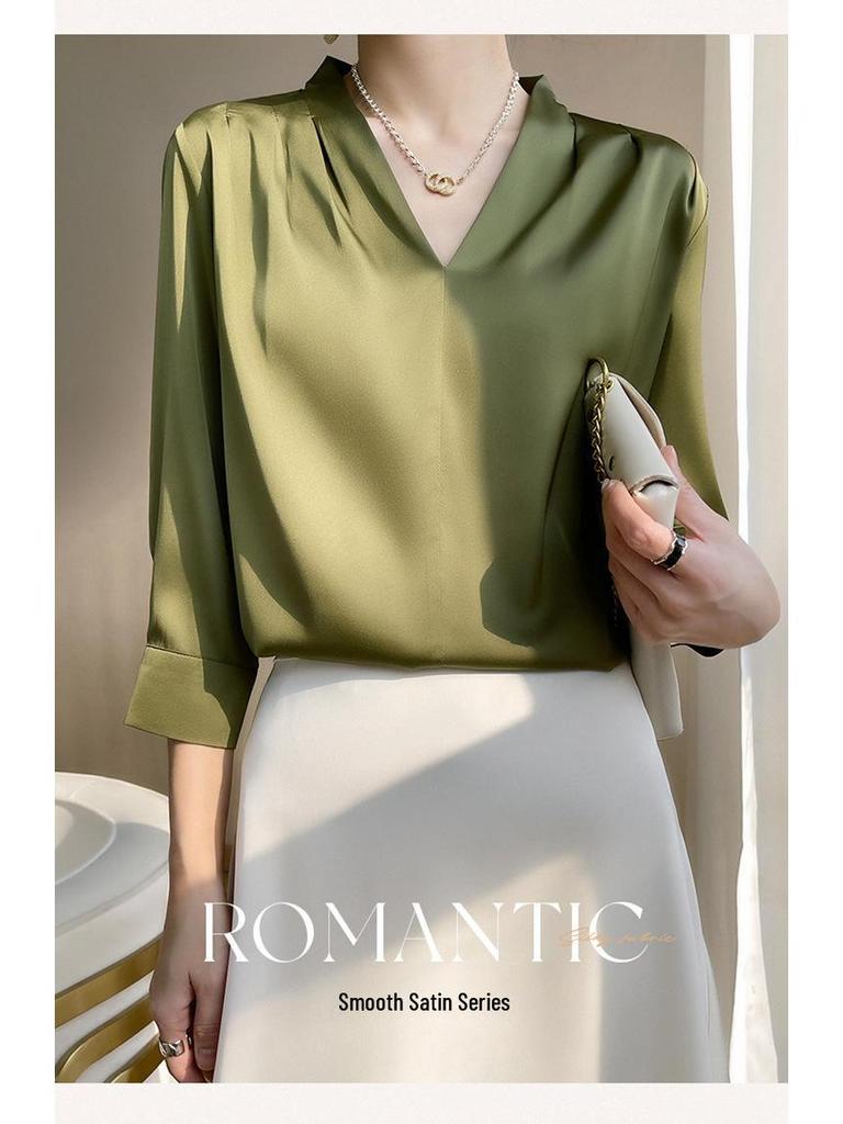 Top Estivo da Donna in Raso con Scollo a V e Maniche Lunghe