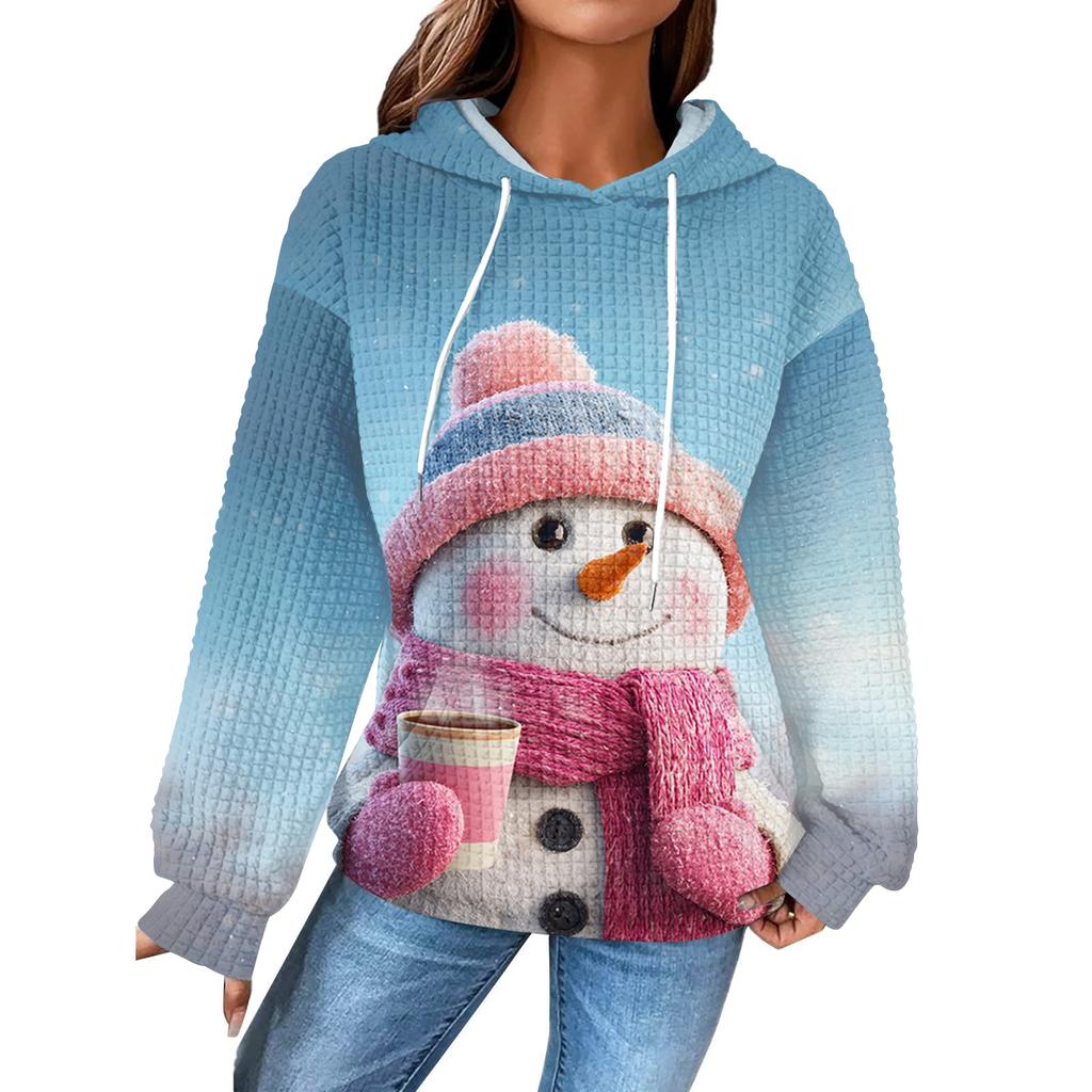 Mote løs hettegenser for kvinner, langermet genser med snøring, drop shoulder, lomme, topp med juleprint