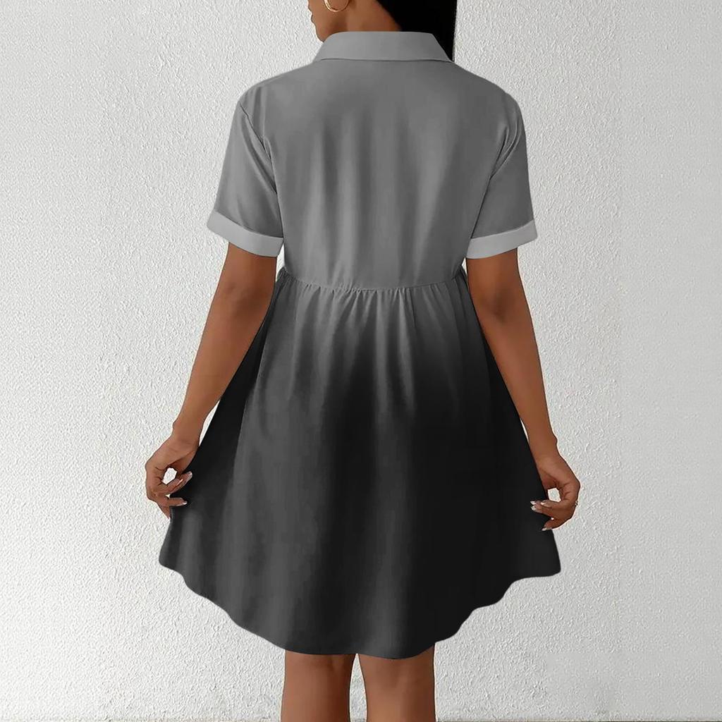 Women’s Casual Loose Fit Shirt Dress Button Down Stand Collar Short Sleeve Gradient Print Fashion Tunic Dress