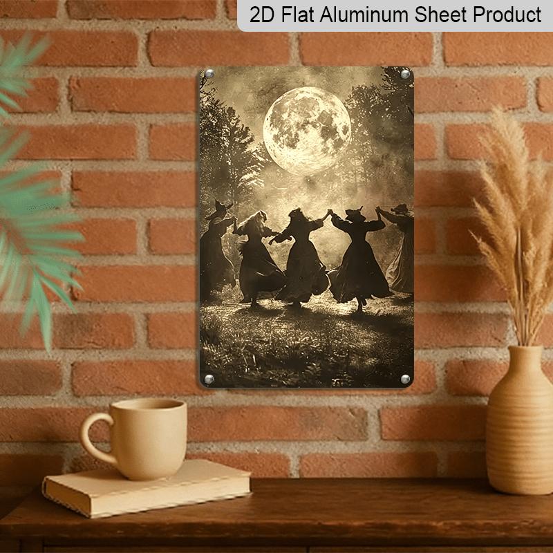 2D Flat, 1pc Vintage Witches Dancing Under Full Moon Aluminum Sign - Gothic Halloween Decor, 8*12 Inches, Suitable for Living Room Wall, Garden